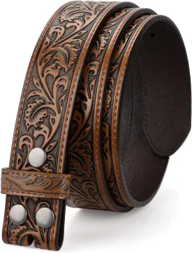 Western Belt Strap for Men without Buckle 1.5" Wide Floral Engraved Embossed Leather Belt Strap