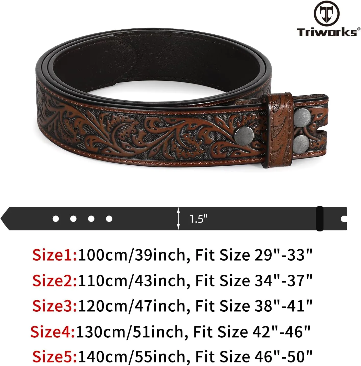 Western Belt Strap for Men without Buckle 1.5" Wide Floral Engraved Embossed Leather Belt Strap