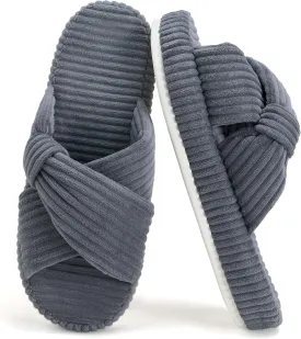 Women's House Slippers Corduroy Indoor Slippers Memory Foam Bedroom Open Toe Slippers Cross Band House Shoes