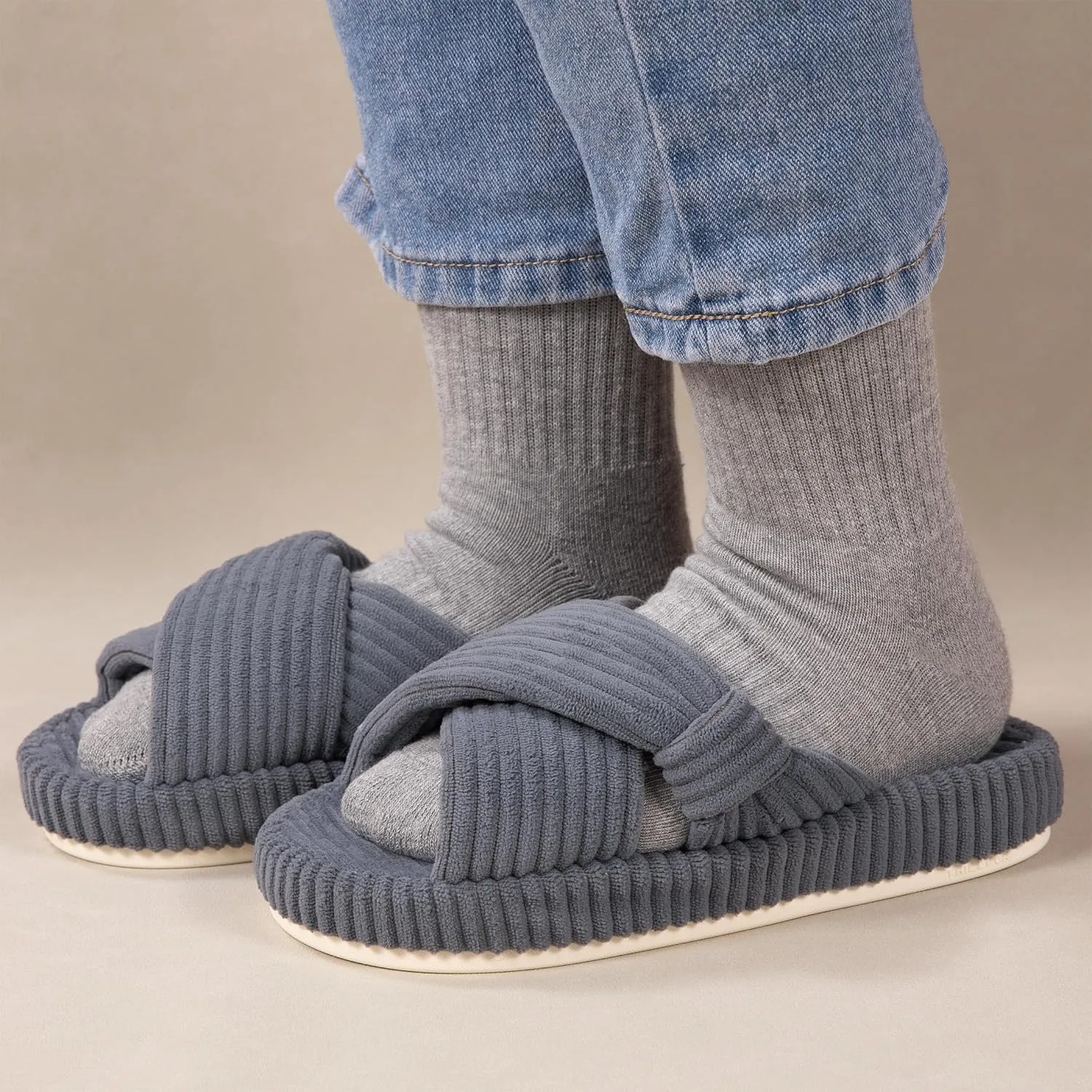Women's House Slippers Corduroy Indoor Slippers Memory Foam Bedroom Open Toe Slippers Cross Band House Shoes