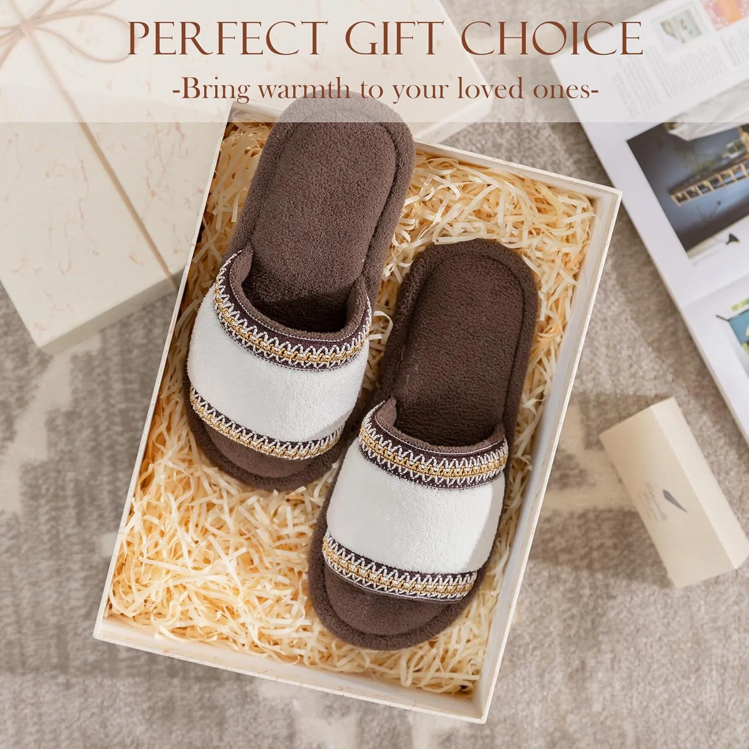 Women's Open Toe Slippers with Memory Foam Fuzzy House Slippers Indoor Outdoor Soft Anti-Skid Warm Gifts for Women Mom