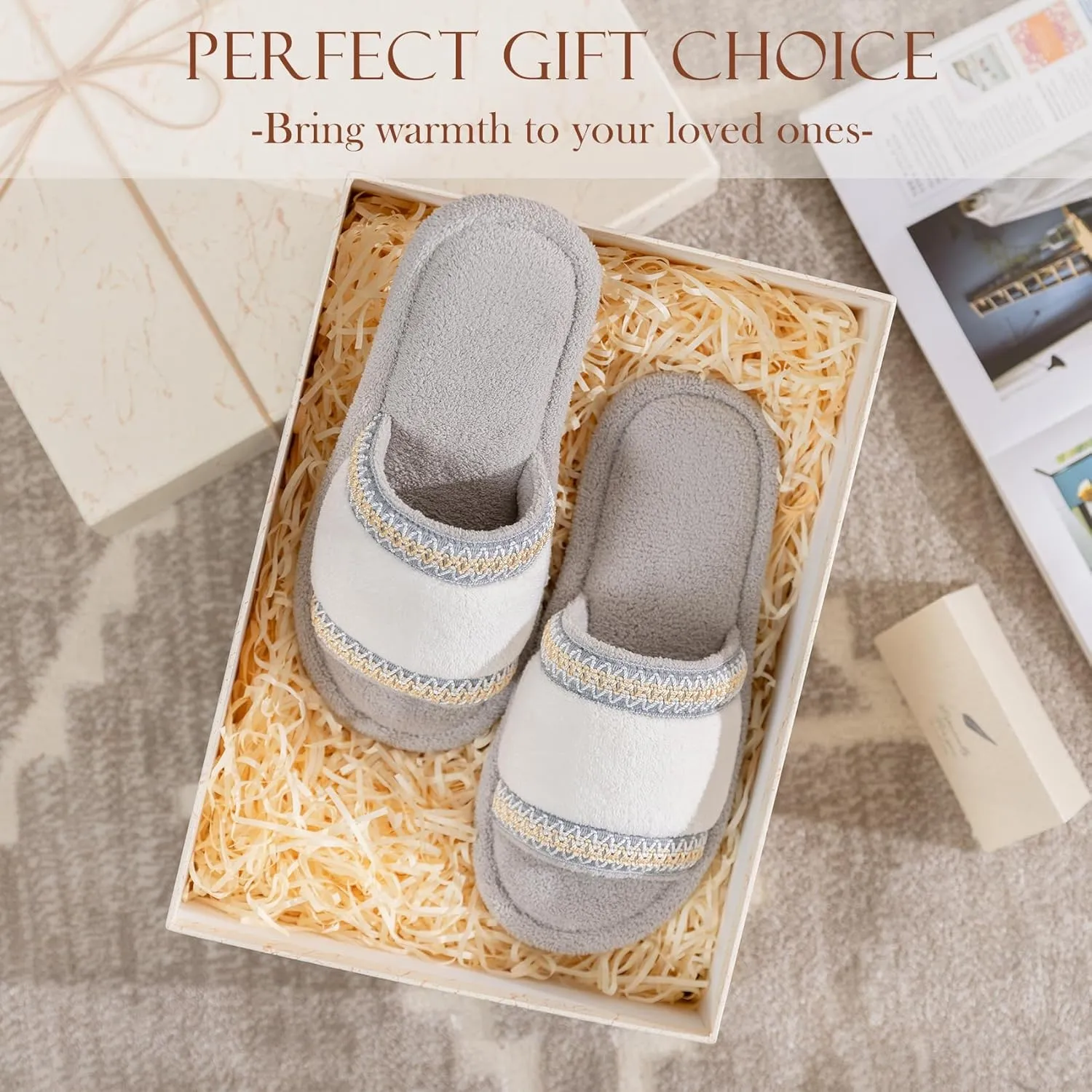 Women's Open Toe Slippers with Memory Foam Fuzzy House Slippers Indoor Outdoor Soft Anti-Skid Warm Gifts for Women Mom