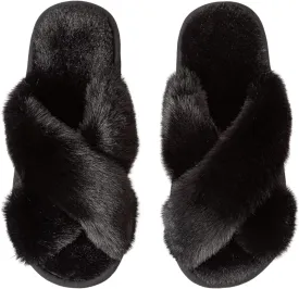 Women's Slipper Memory Foam Cross Band Fuzzy Slippers Open Toe Cozy House Slippers Cozy Plush Bedroom Indoor Outdoor