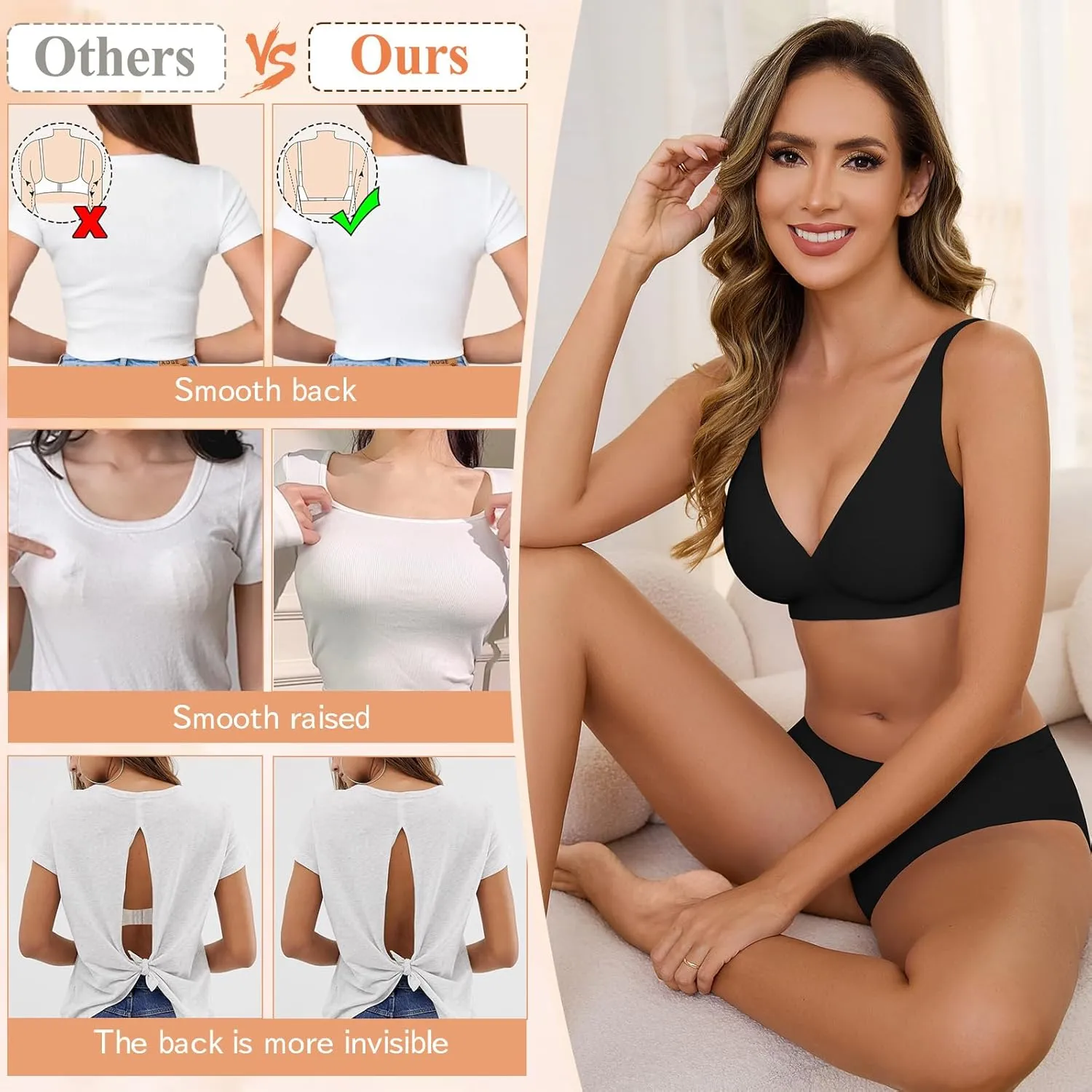 Yusongirl Deep V Low Back Bra for Women Wirefree Seamless Bra Multiway Convertible Strap Padded Bra Comfort Lifting Bra