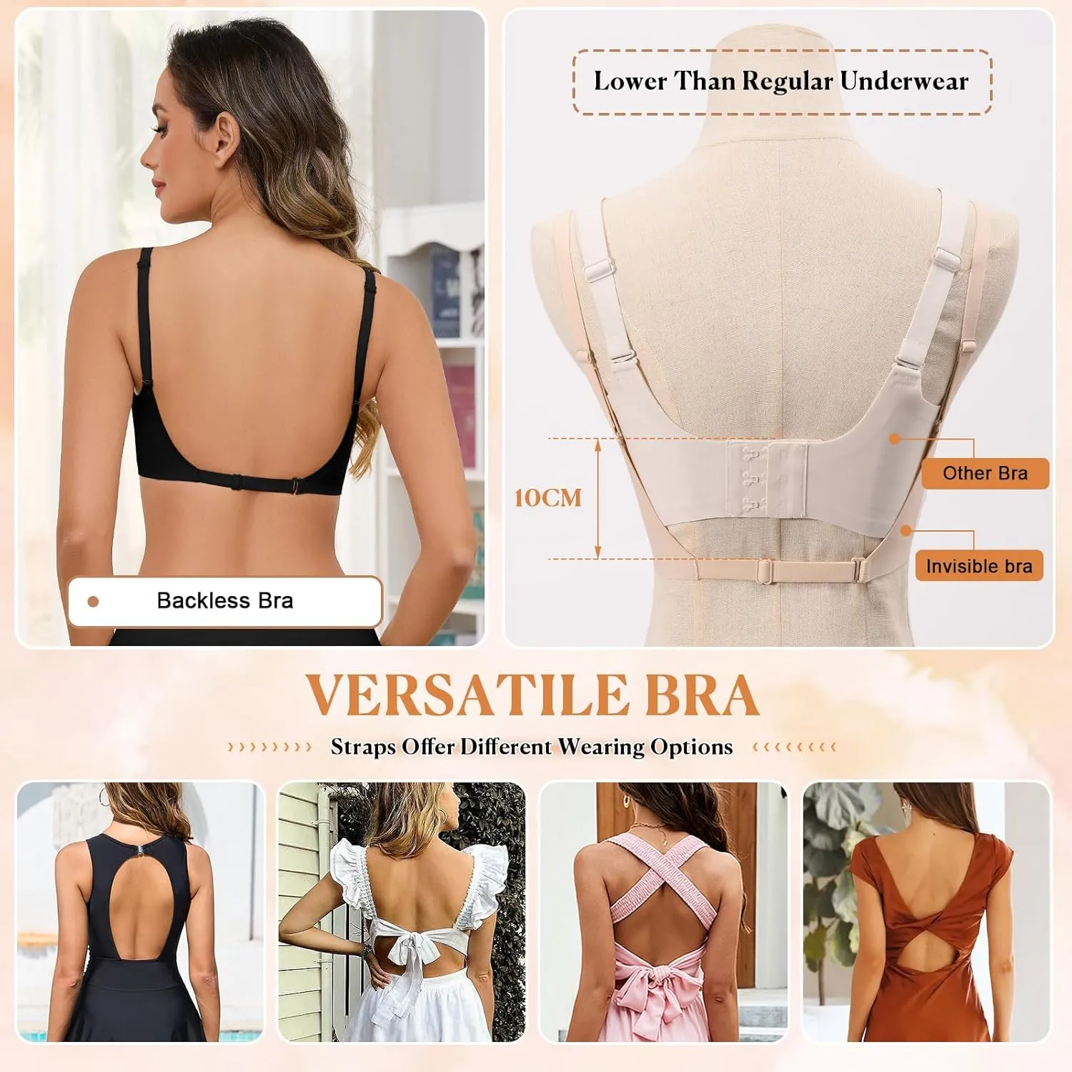 Yusongirl Deep V Low Back Bra for Women Wirefree Seamless Bra Multiway Convertible Strap Padded Bra Comfort Lifting Bra